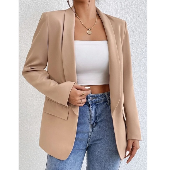 Beige Blazer Jacket Shawl Collar Long Sleeve - Picture 6 of 7